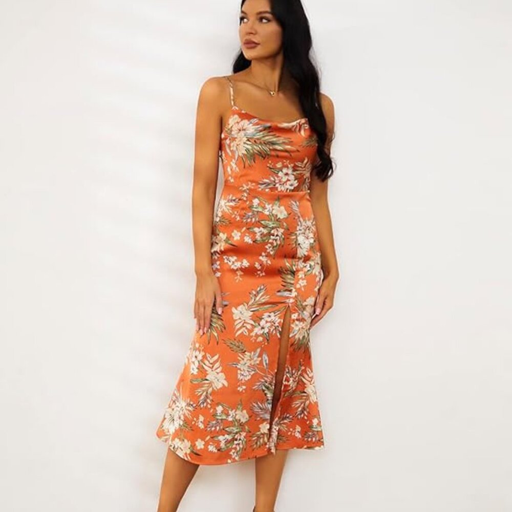 Women's Cowl Neck Spaghetti Strap Slit Satin Wedding Guest Party Dress Backless - Picture 6 of 9